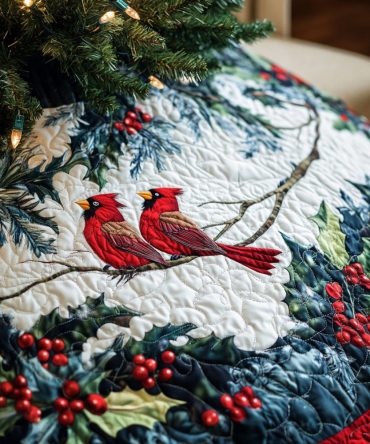 Classic Mistletoe Quilted Tree Skirt — Festive Green & Gold Accents, Plush Cotton Blend, 48-Inch Diameter, Easy-Care