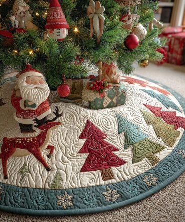 Mistletoe Meadows Quilted Christmas Tree Skirt — Romantic Mistletoe Pattern Holiday Base Cover For Festive Gatherings