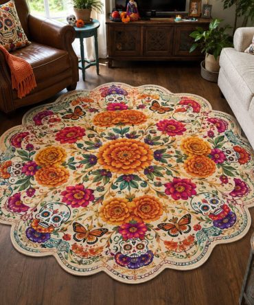 Monarchs Of Memory Custom Rug — Marigolds & Monarch Butterflies Design, Museum-Quality Print, Non-Skid Backing For Home Use