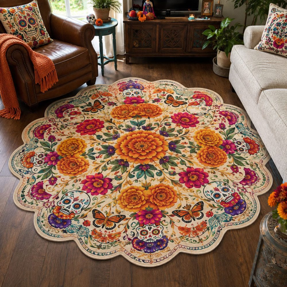 Monarchs Of Memory Custom Rug — Marigolds & Monarch Butterflies Design, Museum-Quality Print, Non-Skid Backing For Home Use