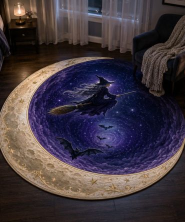 Moon Witch Themed Area Rug — Crescent & Witch Design Custom-Shaped Rug For Spooky Décor, Plush Non-Skid Floor Accent For Bedroom & Living Room