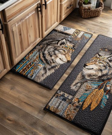 Moon Wolf Echo Kitchen Runner — Non-Slip Nature-Inspired Rug, Low-Pile Polyester, Machine-Washable, Stain-Resistant Mat For Busy Homes