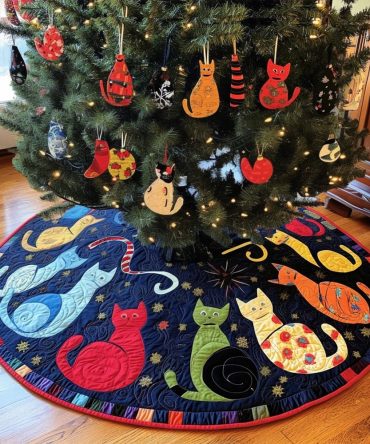 Moonlit Cats Quilted Christmas Tree Skirt — Nighttime Cat Motifs Holiday Tree Skirt, 48" Round, Quilted Cotton Blend, Easy-Care