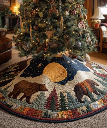Moonlit Forest Bear Quilted Christmas Tree Skirt — Moonlit Woodland Bear Motif For Cozy Cabin & Lodge Holiday Decor