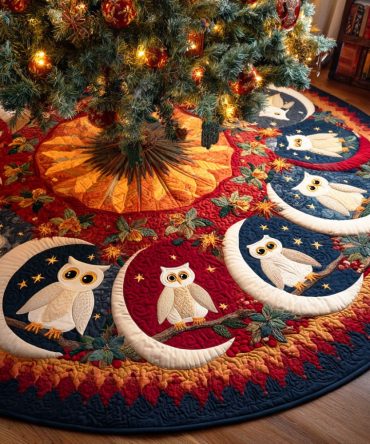 Moonlit Guardian Quilted Christmas Tree Skirt - Enchanted Night Sky Quilted Holiday Tree Skirt With Subtle Shimmer, Statement Base For Seasonal Decor