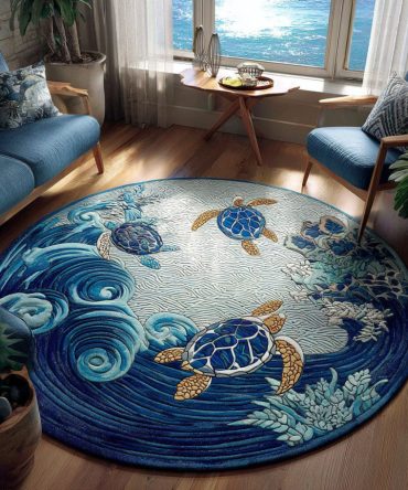 Moonlit Horizon Round Area Rug - Soft Moonlit Blue Gradient With Delicate Shell Accents, Premium Plush Pile And Easy-Care Construction For Serene Rooms