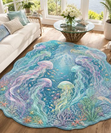 Moonlit Jelly Dance Jellyfish Rug — Ethereal Blue Custom-Shaped Area Rug, Soft Plush, Non-Slip Backing For Bedrooms & Nautical Decor