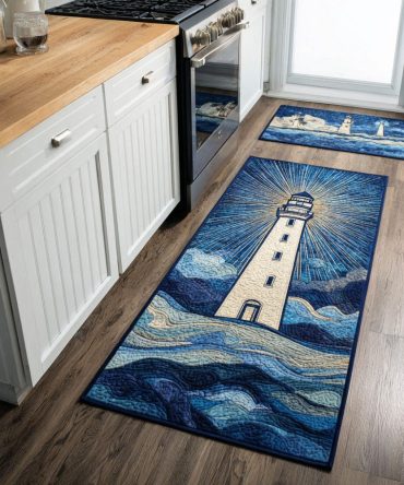 Morning Lighthouse Decorative Kitchen Rug - Sunlit Lighthouse Print, Non-Slip Durable Mat, Machine Washable, Cushioned Comfort For Coastal Homes