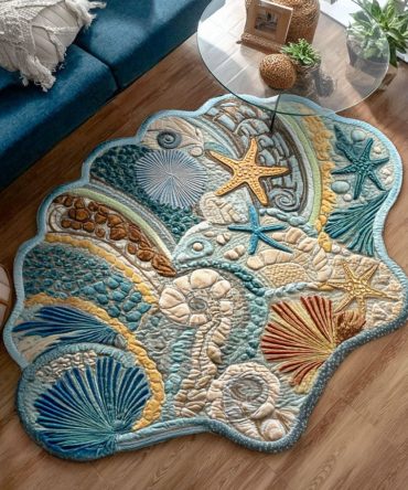 Mosaic Shell Serenity Designer-Shaped Rug — Artistic Shell Mosaic Area Rug With Plush Texture For Modern Coastal And Boho Interiors