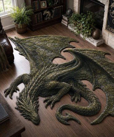 Mossbound Dragon Shaped Area Rug — Green Stone Dragon Custom Area Rug, Fantasy Accent Mat For Living Room, Study & Gaming Space