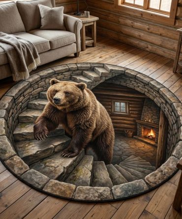 Mountain Bear Rustic Round Rug — Lodge & Cabin Circular Area Rug With Bear Silhouette, Warm Earth Tones, Plush Low-Pile, Durable Non-Slip Backing