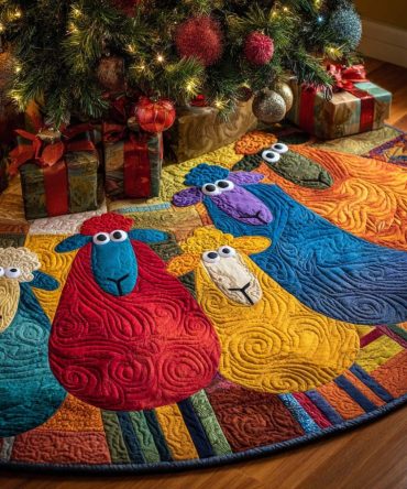 Mountain Sheep Quilted Christmas Tree Skirt — Rustic Alpine Sheep Motif, Cozy Cotton Quilting For Farmhouse Holiday Style — Perfect Holiday Gift