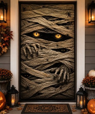 Mummy Gaze Quilted Halloween Door Cover — Creepy Mummy Face Entrance Panel For Front Door, Indoor & Porch Decoration