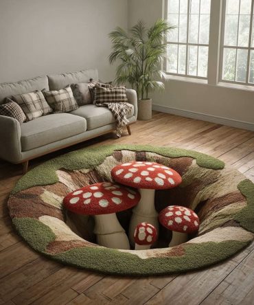 Mushroom Haven Round Area Rug - Cozy Mushroom Pattern Rug For Kids' Rooms & Boho Bedrooms, Plush Feel, Anti-Slip Backing, Easy Clean