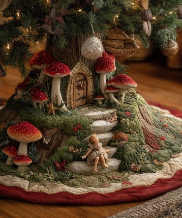 Mushroom House Delight Quilted Christmas Tree Skirt — Charming Mushroom Cottage Holiday Tree Skirt With Plush Quilting For Cozy Seasonal Decor