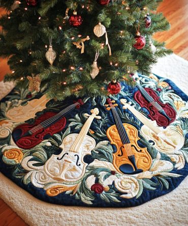 Music Of The Loom Quilted Holiday Tree Skirt — Artisan Quilting With Musical Motifs, Elegant Base Cover For Festive Interiors