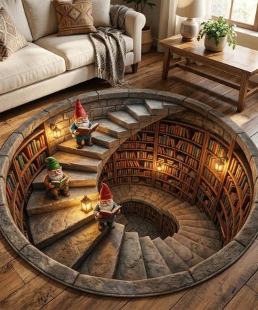 Mystic Book Stair Round Rug — Dramatic Bookcase & Staircase Inspired Circular Carpet For Accent Spaces, Plush Texture & Anti-Slip Backing