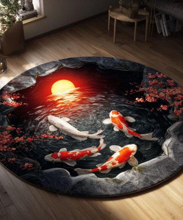 Mystic Koi Designer Round Rug — Artistic Koi Fish Circular Carpet For Statement Living Room Décor, Soft Touch, Fade-Resistant & Easy Care