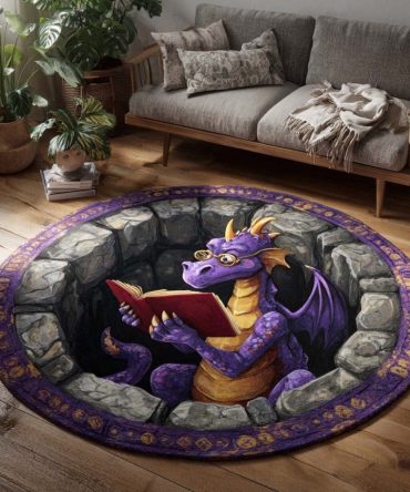Mystic Reader Dragon Round Rug - Cozy Bookish Dragon Area Rug For Libraries, Reading Corners And Study Spaces With Soft Touch And Classic Styling