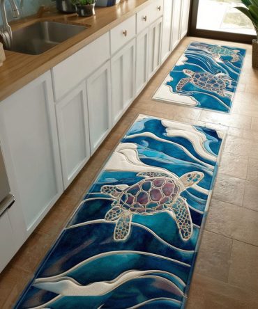 Mystic Reef Kitchen Runner - Bold Coastal Area Rug With Anti-Slip Backing, Machine-Washable Durable Design For Kitchens