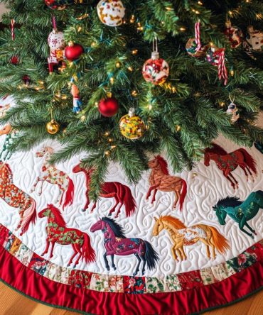 Mystic Trails Quilted Christmas Tree Skirt - Scenic Equestrian Design, Quilted Holiday Floor Mat For Horse Enthusiasts & Cabin Décor