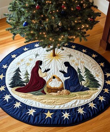 Nativity Scene Quilted Tree Skirt - Detailed Hand-Stitched Holy Family, Soft Cotton Lining, 48-Inch Religious Holiday Decor, Heirloom Finish, Gift-Ready Packaging