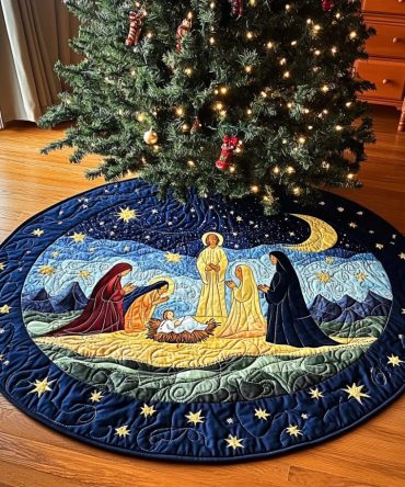 Classic Nativity Quilted Tree Skirt - Handcrafted Holy Family Scene, Premium Batting, 48-Inch Sacred Holiday Base Cover, Heirloom Stitching, Machine Washable