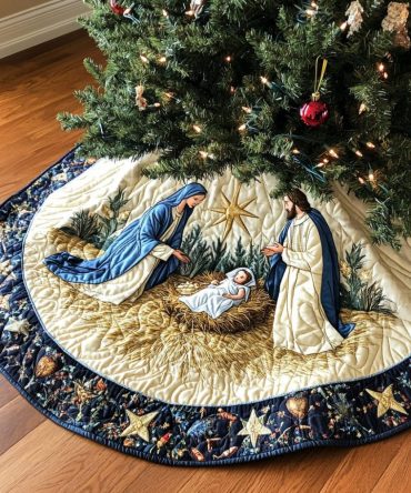 Nativity Radiance Quilted Tree Skirt — Glowing Religious Christmas Base, High-Quality Quilting, Thoughtful Holiday Keepsake & Home Accent