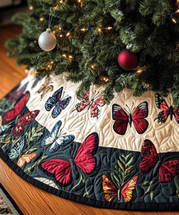 Nature'S Ballet Quilted Christmas Tree Skirt - Graceful Botanical Holiday Base, Quilted Padded Design, Durable & Machine-Washable