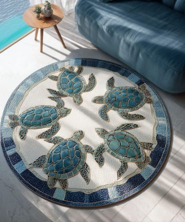 Nature’S Compass Round Area Rug — Botanical Coastal Rug With Earthy Tones For Living Room & Sunroom
