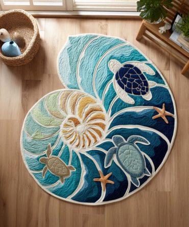 Nautilus Island Escape Statement Rug — Sculpted Nautilus Design Plush Area Rug For Coastal Bedrooms, Living Spaces & Cottages, Easy Care