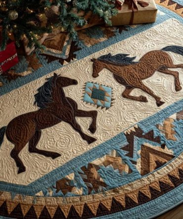 Navajo Horse Quilted Christmas Tree Skirt - Southwestern Horse Motif, Authentic Navajo-Inspired Pattern, 48In
