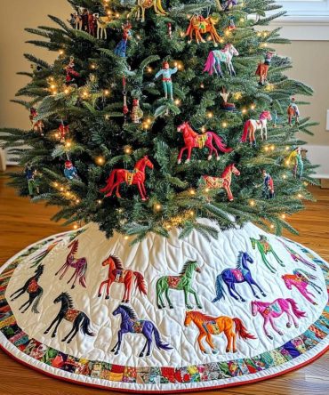 Noble Spirit Quilted Horse Christmas Tree Skirt — Elegant Equestrian Holiday Accent, Soft Cotton-Blend, Durable & Washable