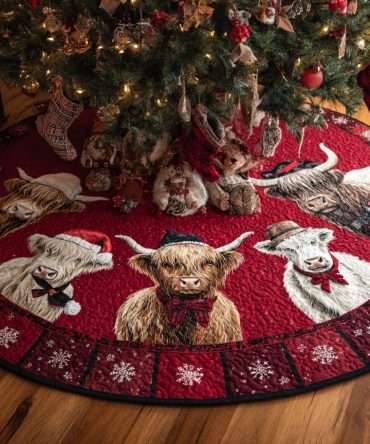 Noel Highland Cow Quilted Tree Skirt — Festive Country Chic Christmas Base Cover, Plush Quilting For Warm Holiday Styling