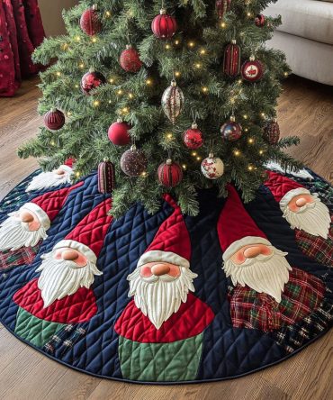 Nordic Holiday Gnomes Quilted Tree Skirt - Stylish Scandinavian Gnome Design Christmas Base Cover For Cozy Homes