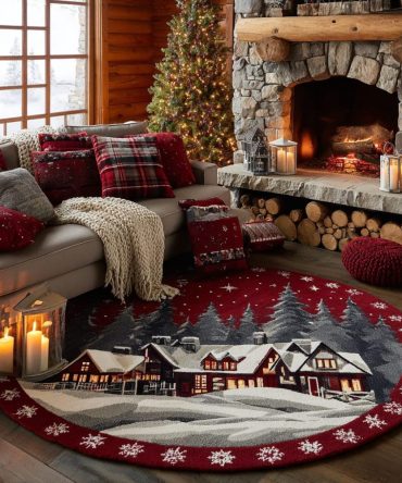 North Glow Round Winter Rug — Illuminated North Pole Scene Accent Mat, Plush Low-Pile, Non-Slip Backing, Cozy Holiday Decor
