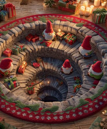 North Pole Descent Round Rug - Classic Christmas North Pole Scene Rug For Entryways, Living Rooms & Holiday Decor
