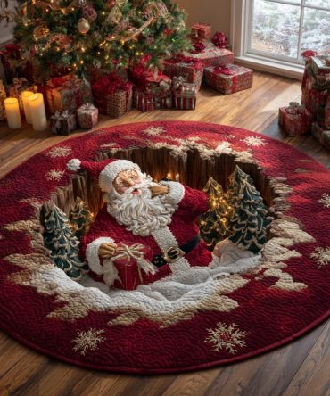 North Pole Magic Holiday Rug — Charming Santa & Reindeer Design 48In Round Plush Mat With Anti-Slip Base For Family Rooms