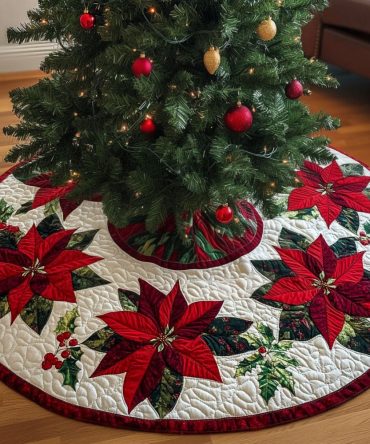 North Star Nook Quilted Tree Skirt – Classic Star Motif Holiday Skirt 48-Inch Round , Reversible Plush Christmas Decor