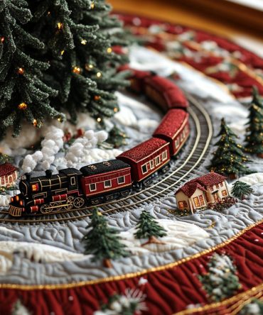 North Star Train Quilted Christmas Tree Skirt — Star & Locomotive Holiday Design For Elegant Seasonal Tree Styling