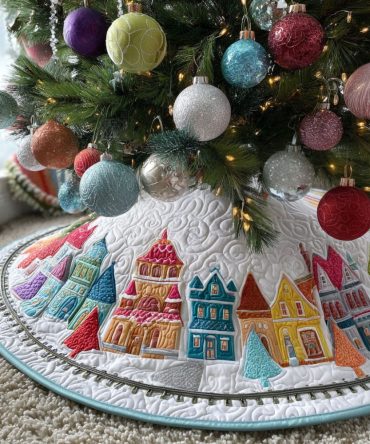 North Star Village Quilted Tree Skirt — Celestial Village Motif Christmas Base Cover To Brighten Holiday Interiors