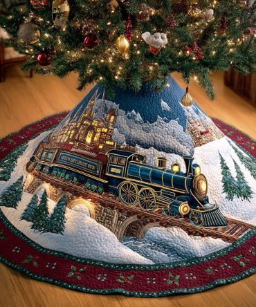 Northbound Quilted Christmas Tree Skirt - Train Inspired Holiday Design, Durable Quilting To Hide Tree Stand & Classic Seasonal Flair