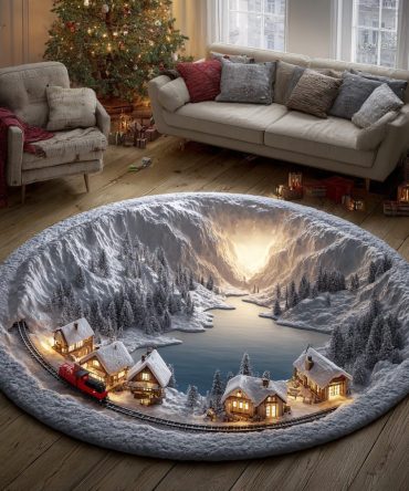 Snowy Northern Trail Circular Area Rug — Cozy Winter Forest Round Rug For Entry & Living Room, Plush Non-Slip Mat, Machine Washable