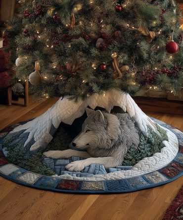Northern Wolf Cave Quilted Tree Skirt — Arctic-Inspired Holiday Base, Hand-Style Quilting, Rustic Accent For Festive Trees