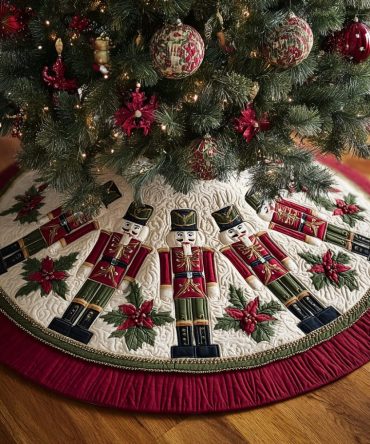 Nutcracker Whisper Quilted Tree Skirt — Elegant Nutcracker Ballet Motif, Quilted Holiday Skirt To Add Classic Seasonal Flair