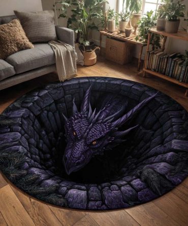 Obsidian Pit Dragon Round Area Rug - Dark Fantasy Dragon Rug With Deep Contrast Pattern For Modern Gothic, Loft And Entertainment Rooms