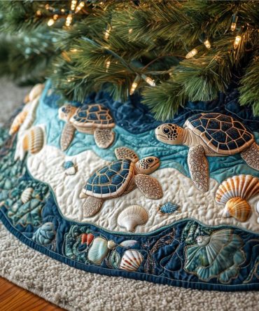 Coastal Turtle Quilted Christmas Tree Skirt — Ocean Turtle Holiday Tree Skirt, Nautical Quilted Home Decor Accent For Beach Houses & Gifts