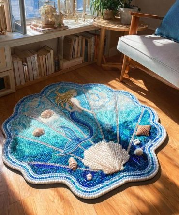Ocean Bloom Custom-Shaped Area Rug — Floral Ocean Design, Soft Plush Non-Slip Accent Rug For Nautical, Coastal, Bedroom & Living Spaces