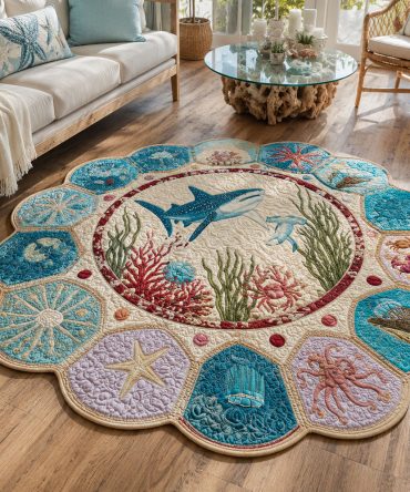 Ocean Expedition Plush Custom-Shaped Area Rug — Coastal Blue Sea Life Design, Soft Low-Pile, Non-Slip Backing For Kids & Living Rooms
