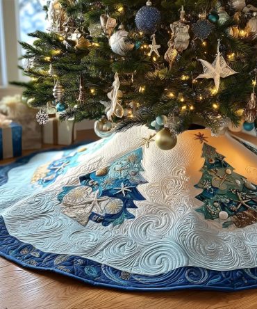 Ocean Frost Noel Quilted Tree Skirt - 60In Winter Coastal Holiday Skirt, Icy Blue Christmas Décor